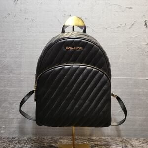 Michael Kors Quilted Backpack Womens Black Leather Gold Zip Medium Purse Bag MK